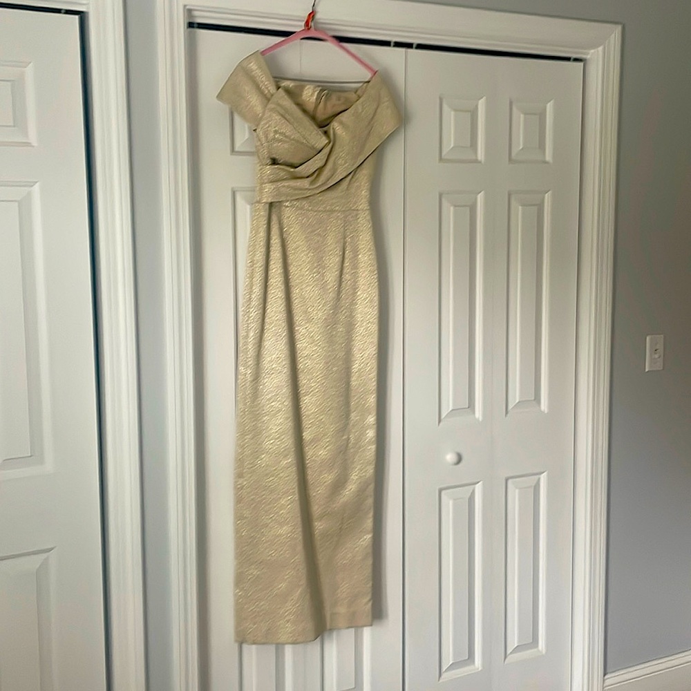 Rickie Freeman for Teri Jon Gold Off-Shoulder Evening Gown